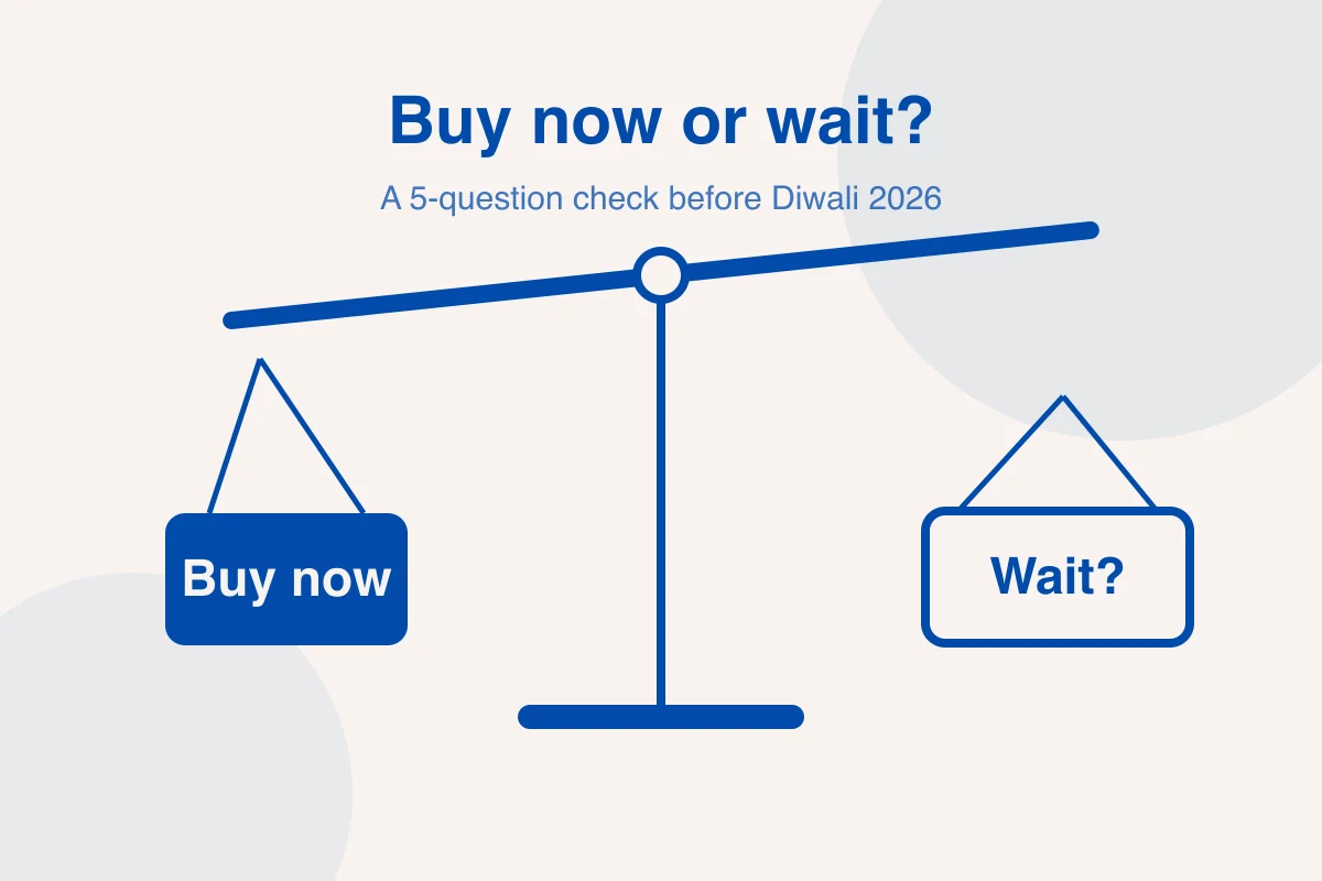 HAULS illustration of a balance scale with a Buy now tag on one side and a Wait tag on the other, in HAULS blue
