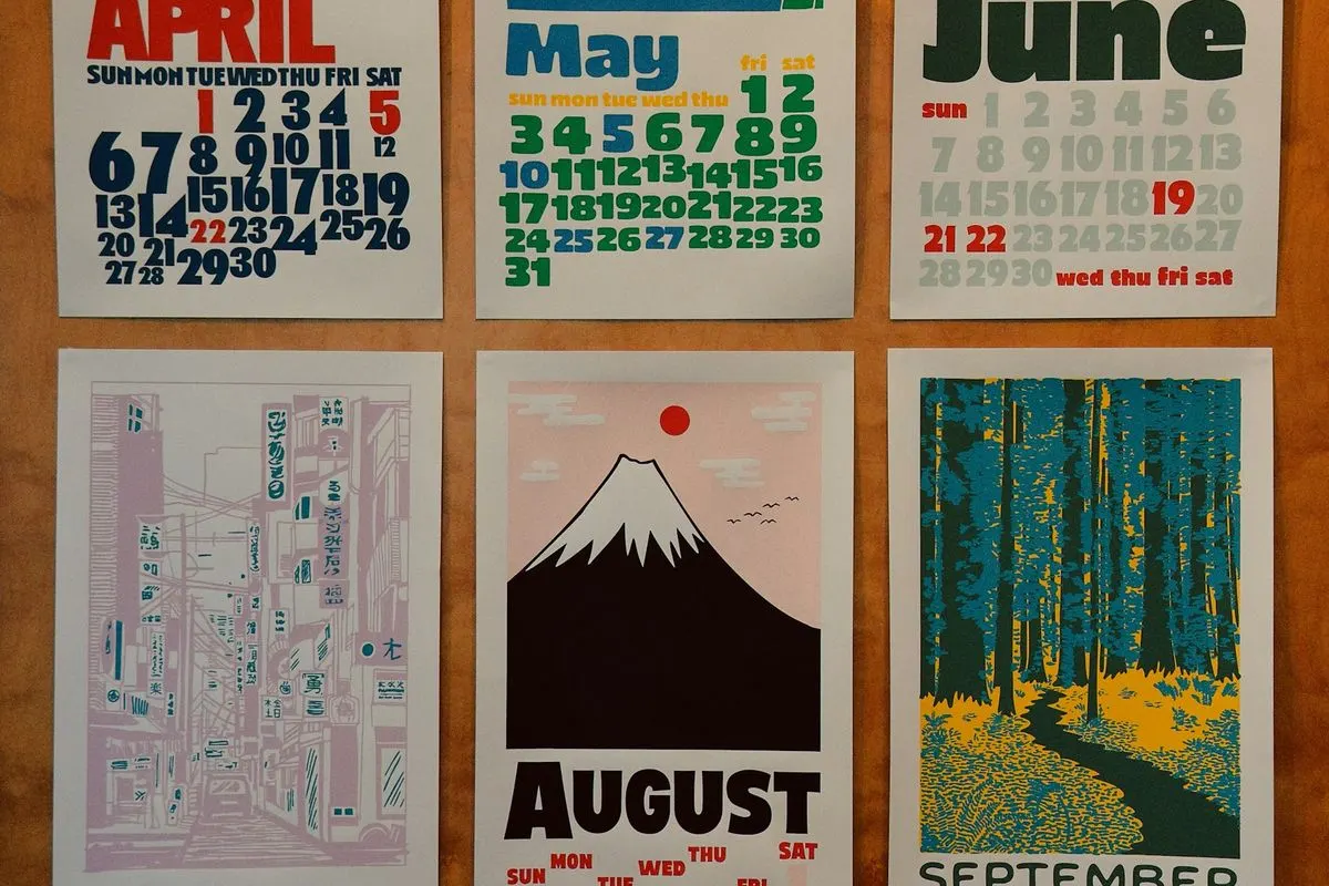 HAULS Journal photo of six colourful printed wall calendar pages for April to September with dates marked in red