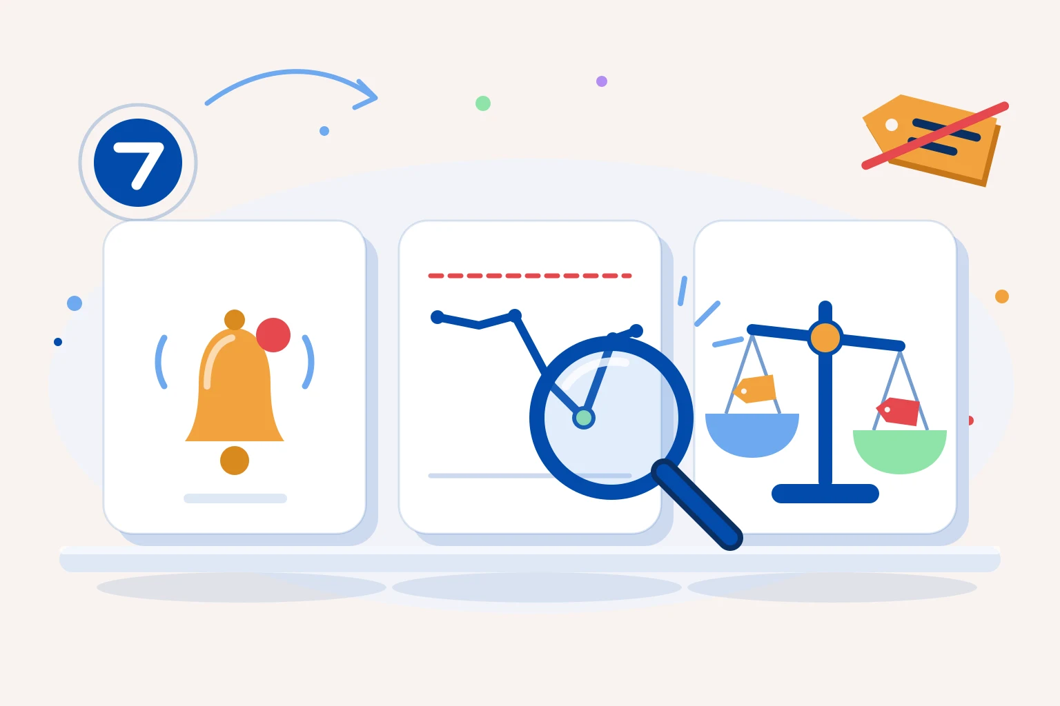 HAULS Journal editorial illustration of three price tools on a shelf, an alert bell, a price-history line chart with a magnifying glass over its dip, and a comparison scale, with a struck-through price tag and a badge showing the number 7, drawn in brand blue on cream with amber, sky, coral and mint accents