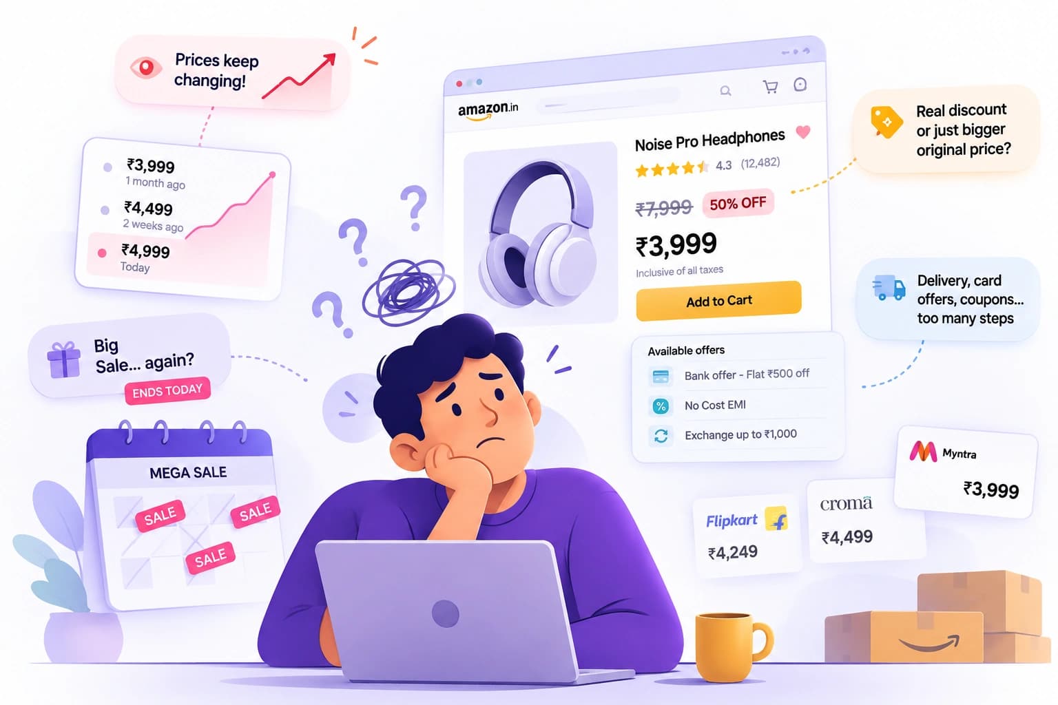 HAULS Journal illustration of a shopper looking confused at a laptop showing a headphones listing marked 50% off at ₹3,999 against a struck-through ₹7,999, surrounded by callouts about changing prices, competing store prices, and whether the discount is real