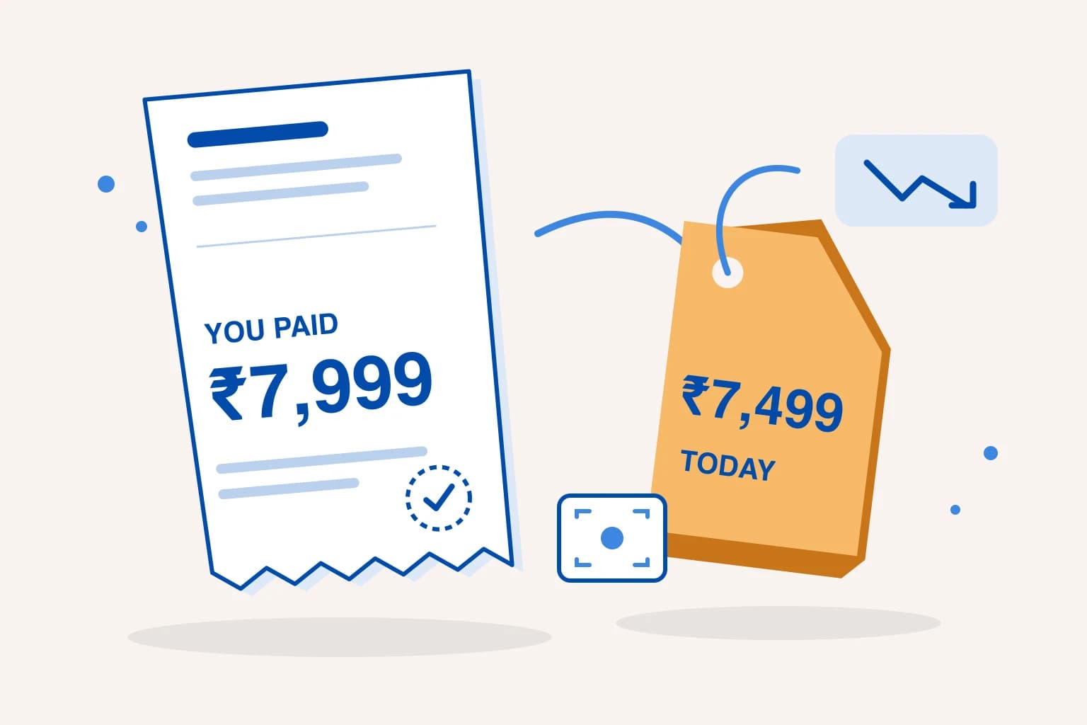 HAULS Journal illustration of a receipt showing 7,999 rupees paid beside a lower 7,499 rupee price tag, a downward price arrow and a screenshot frame