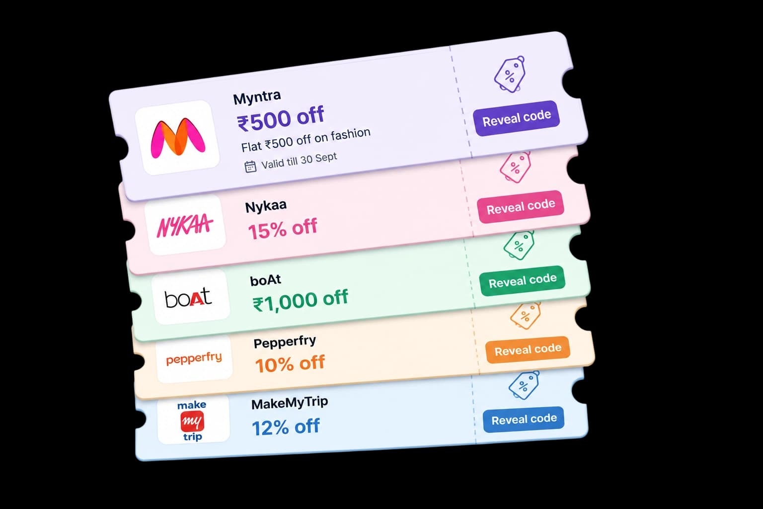 Stack of HAULS coupon tickets for Myntra, Nykaa, boAt, Pepperfry, and MakeMyTrip, each showing a discount amount and a reveal-code button