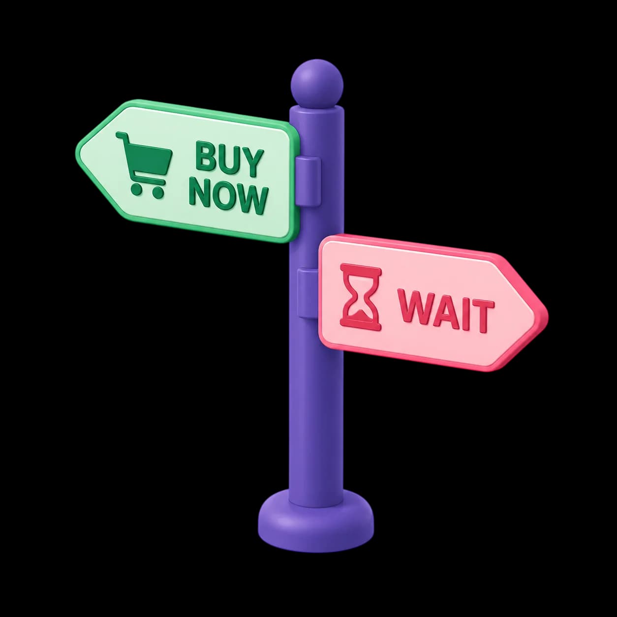 A signpost pointing two ways, "Buy Now" in green and "Wait" in pink, representing HAULS’ buy-or-wait signal