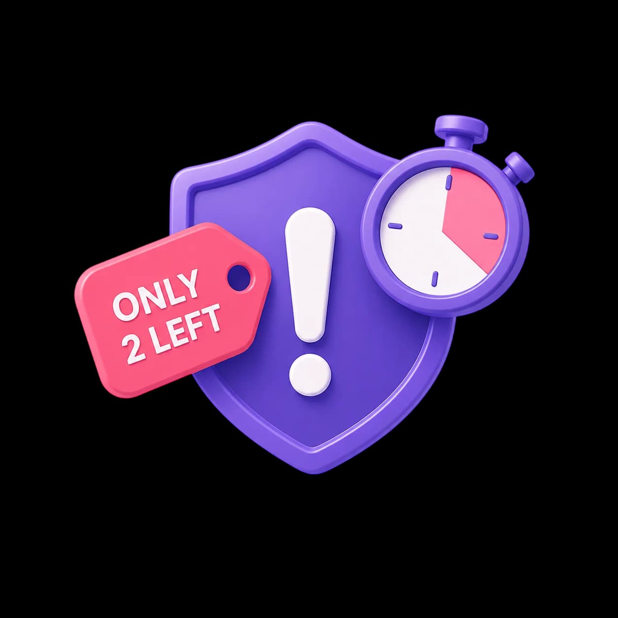 A protective shield with an exclamation mark, a stopwatch, and an "Only 2 left" tag, representing HAULS checking urgency messages against price history