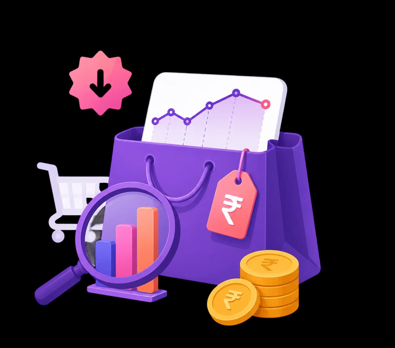 Shopping bag with a rising price-trend chart, a magnifying glass over a bar graph, and rupee coins, representing HAULS price history tracking