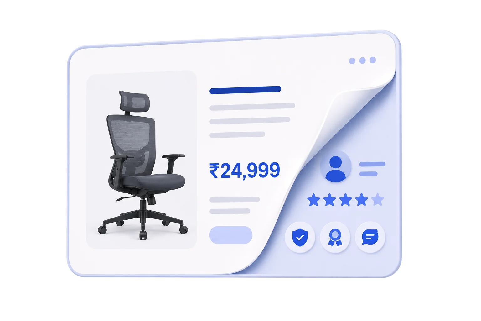 A product listing for a chair at ₹24,999, peeling back to reveal HAULS Seller Intel trust signals: a verified badge, a star rating, a seller profile, and a quality badge