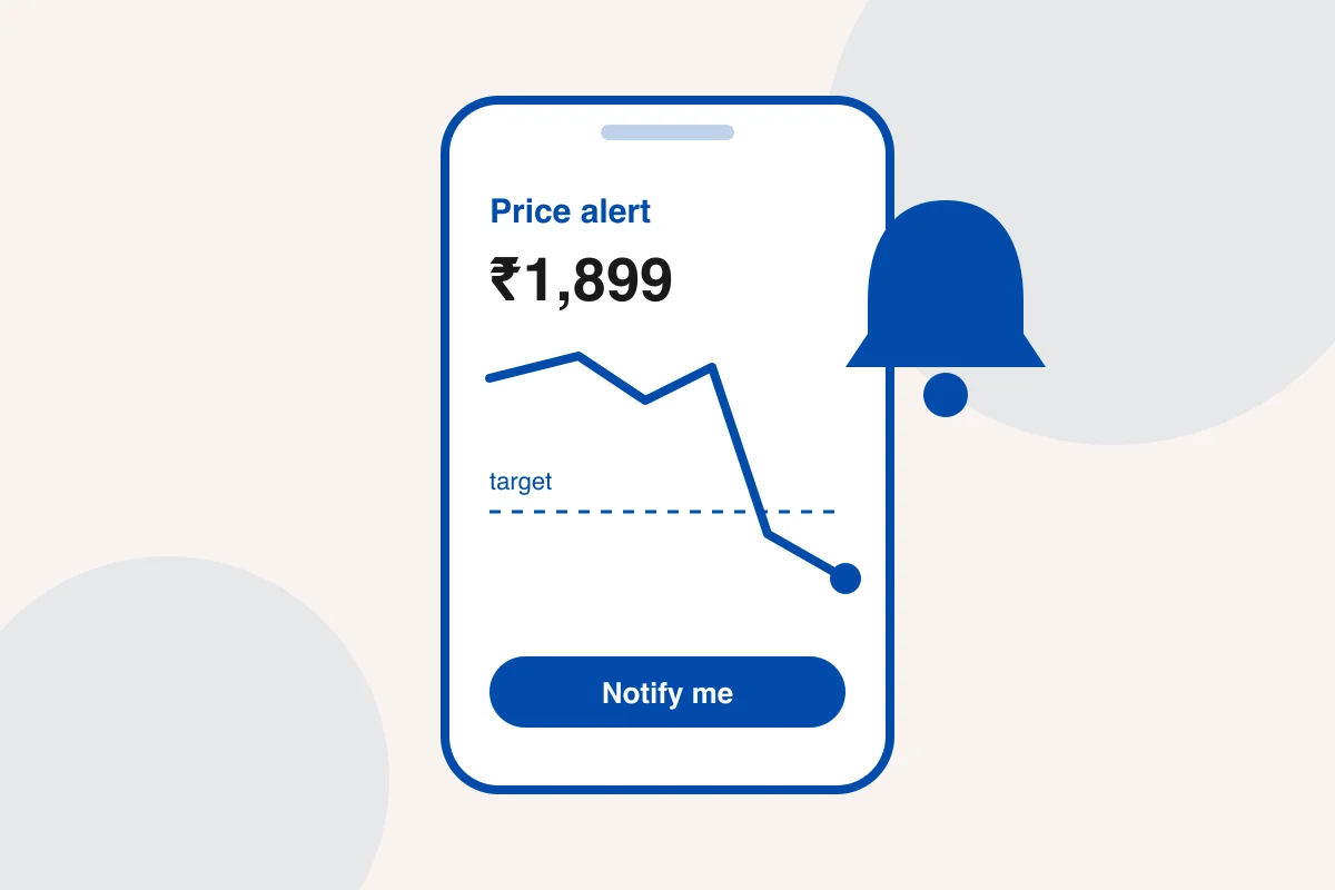 HAULS illustration of a phone showing a falling price line crossing a dotted target-price line, with a bell icon, on a warm cream background
