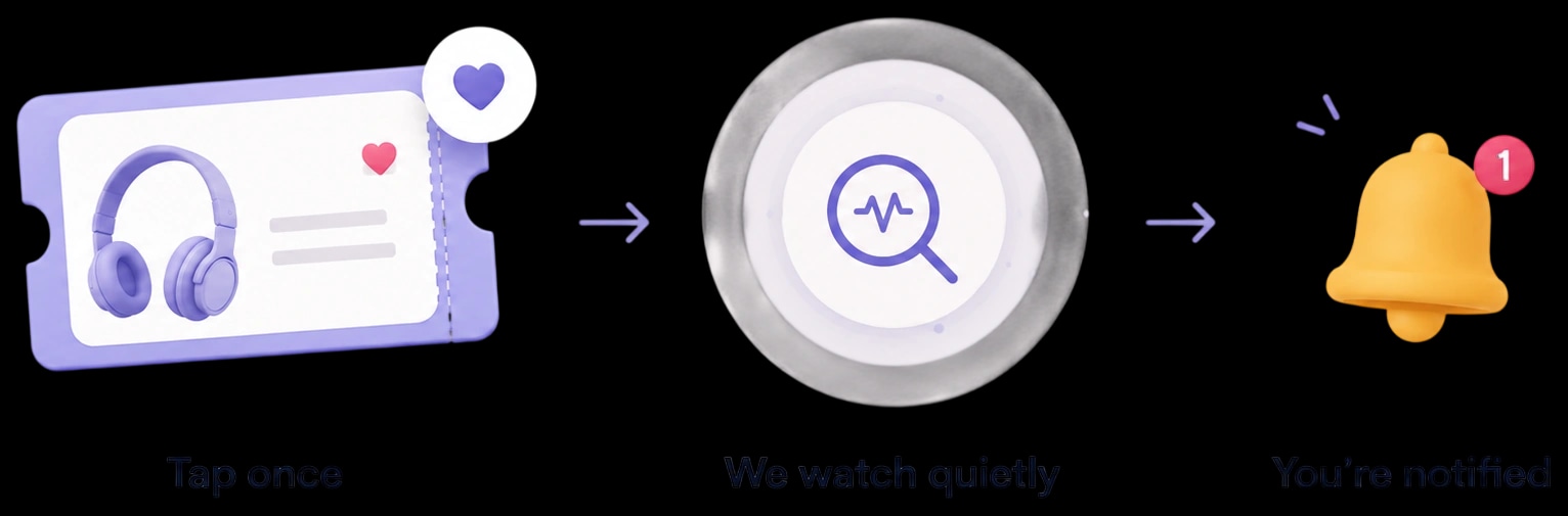 Three steps: tap once to save a headphones listing to your wishlist, HAULS watches it quietly in the background, then you're notified when the price drops